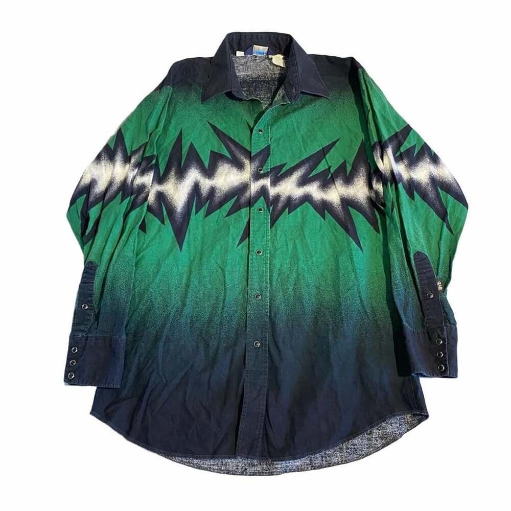 Brooks & Dunn Western Shirt Vintage Lightning Green Print Snap Front